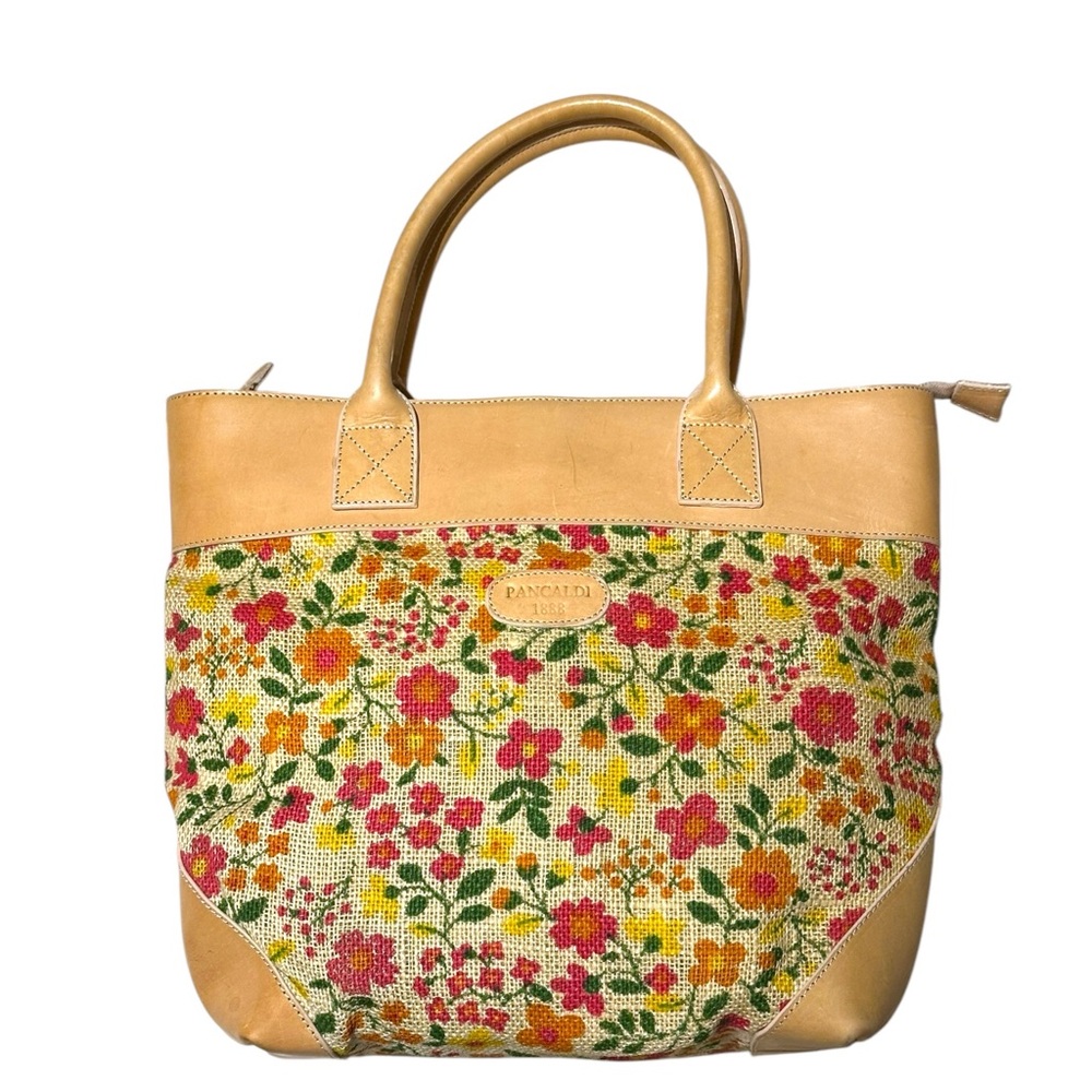 Vtg Pancaldi Leather & Fabric Floral Shoulder Tote Bag w/Double Handles - ITALY